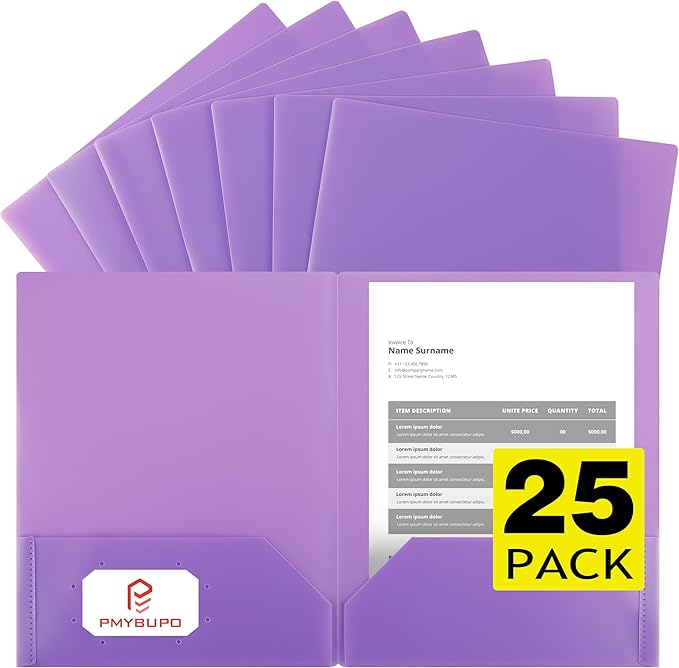 pmybupo 25Pack Purple Plastic Folders with Pockets,Durable Heavy Duty File Folders with Business Card Slot,2-Pocket Folder for Kids,Home,School,Office