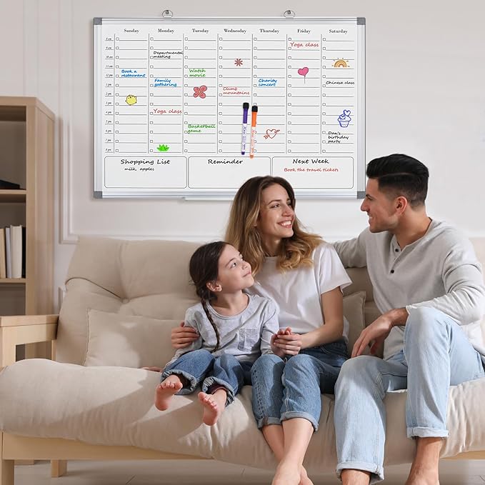 ONAVIA Weekly Calendar Whiteboard for Wall, 36" x 24" Big Dry Erase Board, Hanging Double-Sided White Board with Hourly Slots, for Planning, Memo, to Do List, Home, Office
