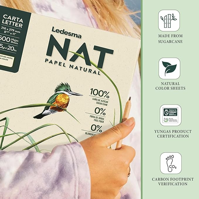 NAT Sugarcane Printer Paper – 8.5 x 11" Copy Paper, Chemical-Free - Made from 100% Sustainably Sourced, Jam Free, Acid Free, Multipurpose Recycled Office Paper, Natural Color (1 Ream/500 Sheets)