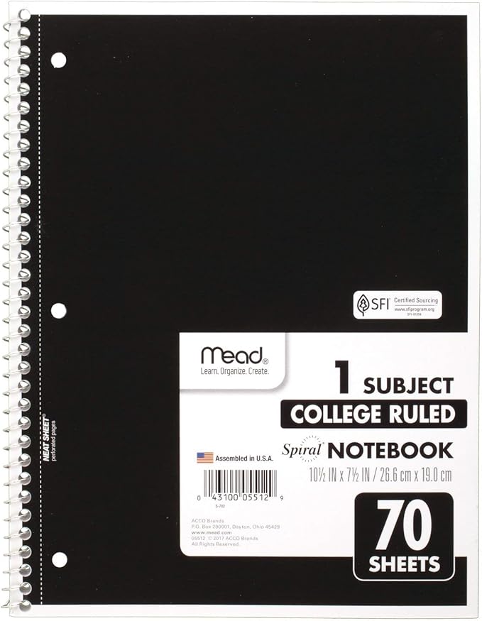 Mead Spiral Notebook, 1 Subject, College Ruled Paper, 70 Sheets, 10-1/2" x 7-1/2", Assorted Colors (05512)