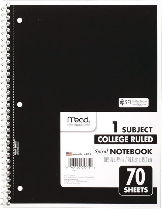 Mead Spiral Notebook, 1 Subject, College Ruled Paper, 70 Sheets, 10-1/2" x 7-1/2", Assorted Colors (05512)