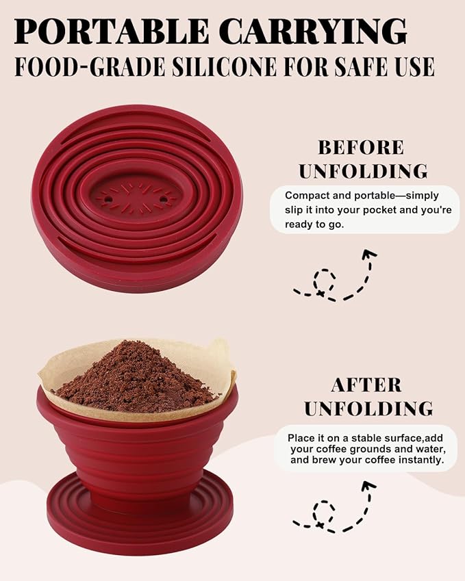 Collapsible Pour Over Coffee Dripper Set, Reusable Pourover Coffee Dripper, Food Grade Silicone Foldable Travel Pour Over with U02 Paper Filters for Camping, Picnic, Traveling (Blue + Red)