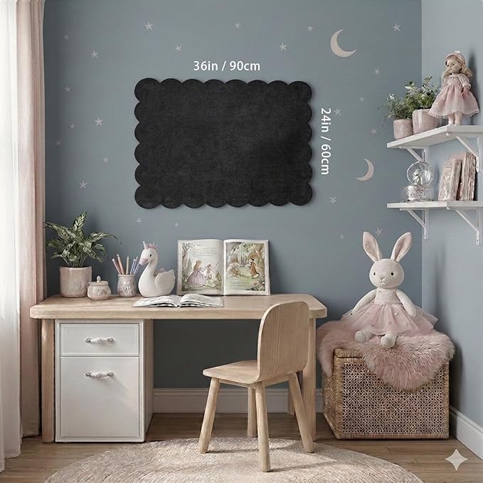 Scalloped Bulletin Board, 36x24 Scalloped Felt Bulletin Board, 3' by 2' Trifold Foldable Picture Display with 20 Pins & 5 Cute Decors - Black