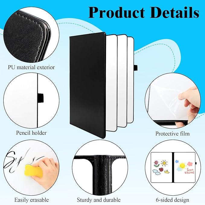 6-Sided Magnetic Dry Erase Notebook, 9 x 12in Portable White Boards Dry Erase, Foldable Whiteboard Reusable Notebook, Dry-Erase Notebooks with 6 Dry-Erase Pens, School, Office, Meetings