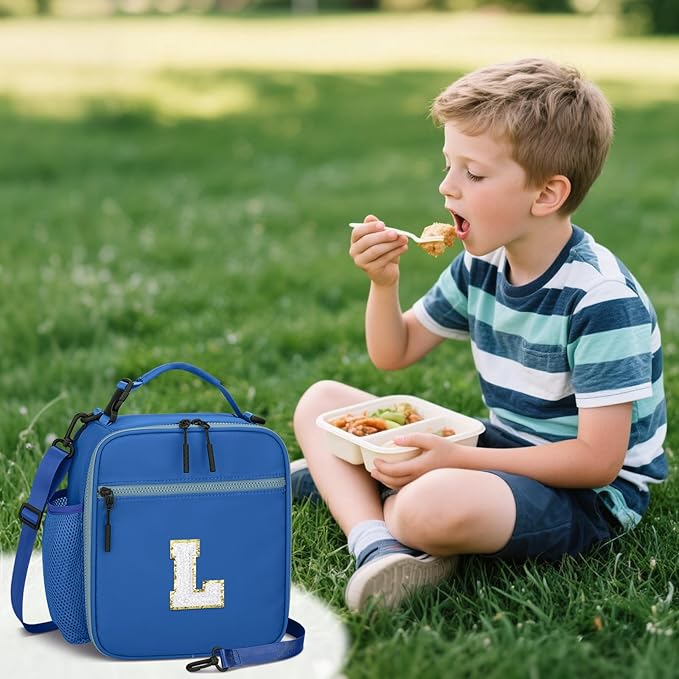 Initial Insulated Lunch Bag for Boys Kids, Back to School Gift, Reusable Leak-proof Lunch Box with Adjustable Strap for School Daycare Travel Picnic（Blue，L）
