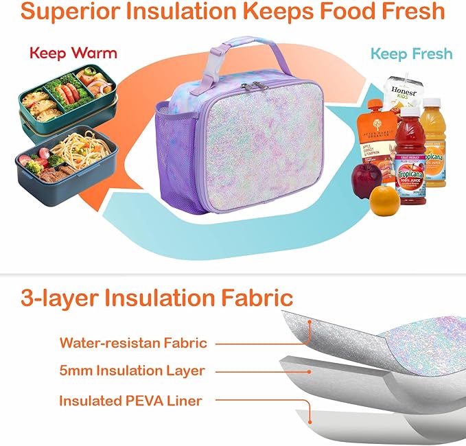 Bagseri Kids Lunch Bag Girls - Thermal Insulated Lunch Box Tote with Water Bottle Holder, Reusable Leak-Proof Kids Lunch Box for Daycare & School, Purple Tie-dye (Containers Not Included)