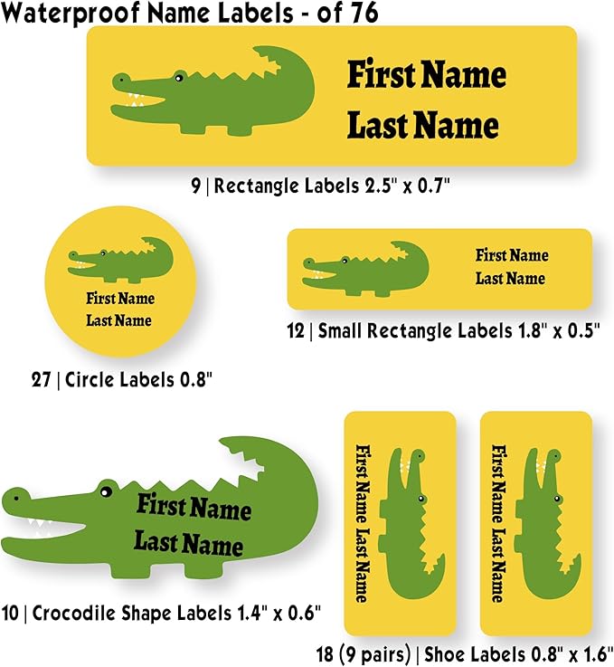 Personalized Kids Name Labels – Waterproof Custom Stickers for Daycare & School, Dishwasher & Laundry Safe (Crocodile - Yellow)