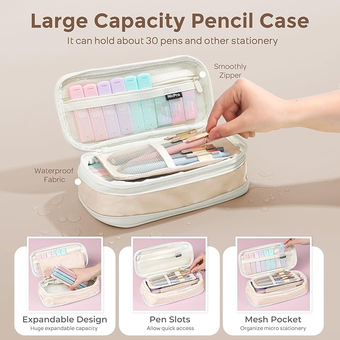 Nicpro 39 PCS Aesthetic School Supplies with Pencil Case, Cute Stationary Set with 5 Gel Pens & 6 Mechanical Pencils & 12 Highlighters, Essentials for College Students Nurse & Teen Girls/Boys (Cream)