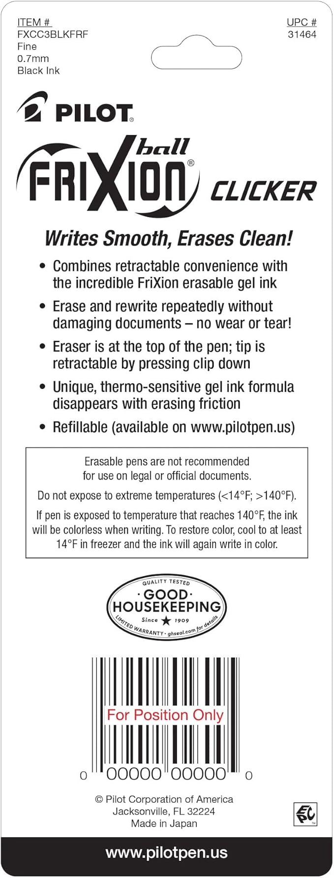 PILOT FriXion Clicker Erasable Pens, Refillable & Retractable Gel Ink Pens, Fine Point 0.7 mm, Black Ink, 3-Pack - Ideal for School, Journaling, & Office Writing
