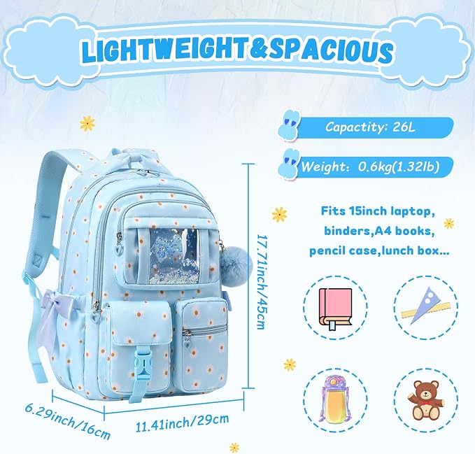 PIG PIG GIRL Kids Backpack for Girls - School Bags for Middle School Students - Book Bag for Elementary Primary - Kawaii Ita Backpack - Blue Daisy