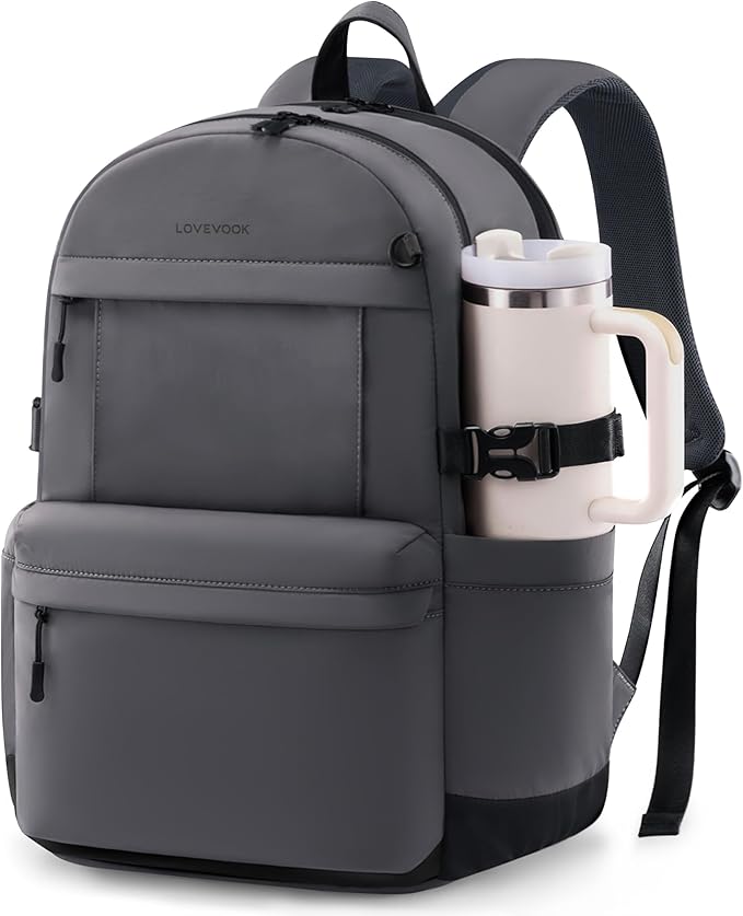 LOVEVOOK Laptop Backpack for Women with Giant Tumbler Holder,15.6 Inch Laptop Computer Bag Travel Backpack Purse,Waterproof Work Business Backpack College Bookbag Teacher Bags,Drak Grey-Black