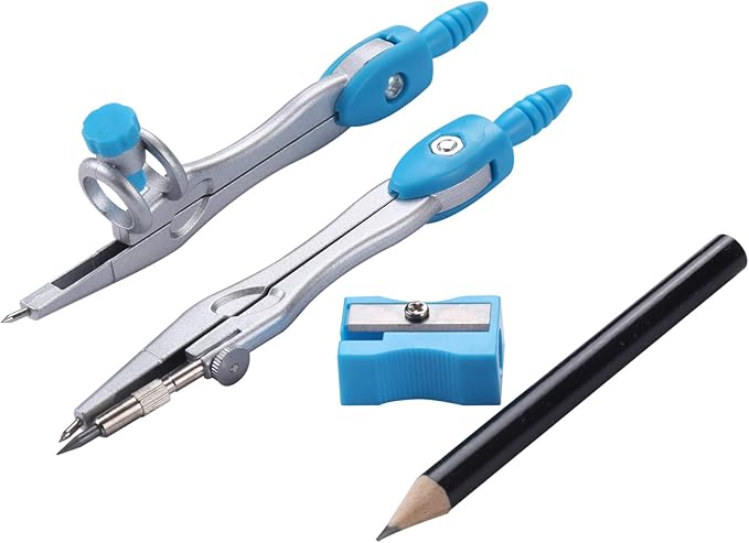 Unjoo Math Geometry Kit Sets 10 Piece Student Supplies with Shatterproof Storage Box,Includes Rulers,Protractor,Compass,Eraser,Pencil Sharpener,Lead Refills,Pencil,for Drafting and Drawings（Blue）