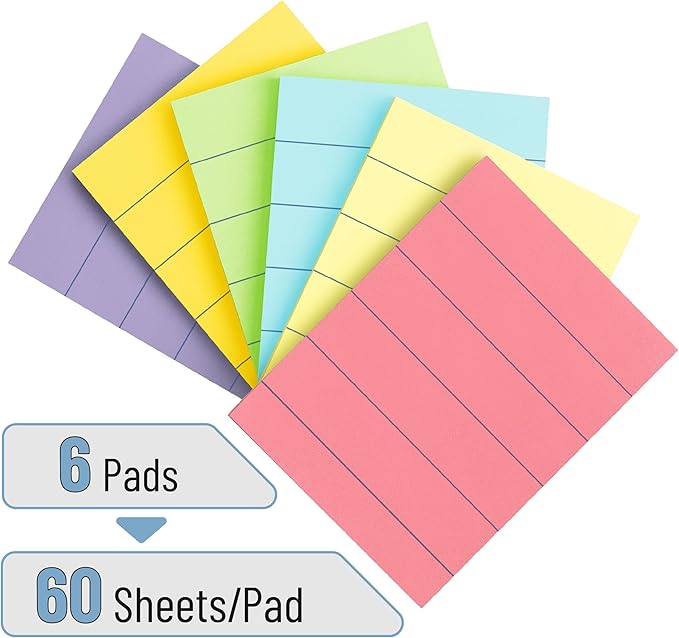 Mr. Pen- Small Lined Sticky Notes, 1.5" x 2", 6 Pads, 60 Sheets/Pad, Vibrant Color, Mini Sticky Notes with Lines, Ruled Post Stickies, Memo Pads, Self-Stick Note Pad for Office, School, Home, Study