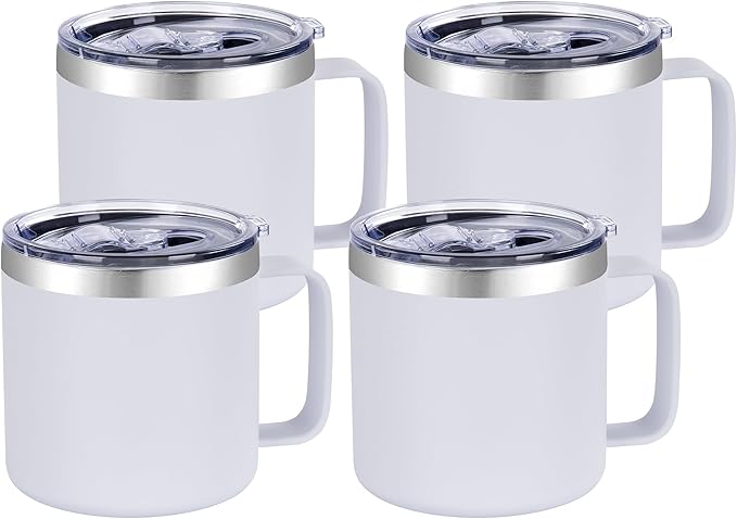 VEGOND 14 oz Insulated Coffee Mug Bulk with Handle, Stainless Steel Travel Coffee Mug with Lid, Double Wall Vacuum Metal Coffee Cup, Coffee Tumbler Powder Coated, White 4 Pack