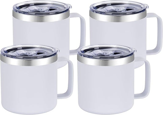 VEGOND 14 oz Insulated Coffee Mug Bulk with Handle, Stainless Steel Travel Coffee Mug with Lid, Double Wall Vacuum Metal Coffee Cup, Coffee Tumbler Powder Coated, White 4 Pack