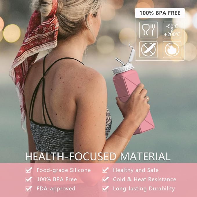 BEAUTAIL Collapsible Water Bottles with Straw 21 oz, Travel Water Bottle | BPA Free, Leakproof & Reusable, Silicone Foldable Water Bottle for Traveling, Hiking, School, Sports, Outdoor, 1-Pack, Pink