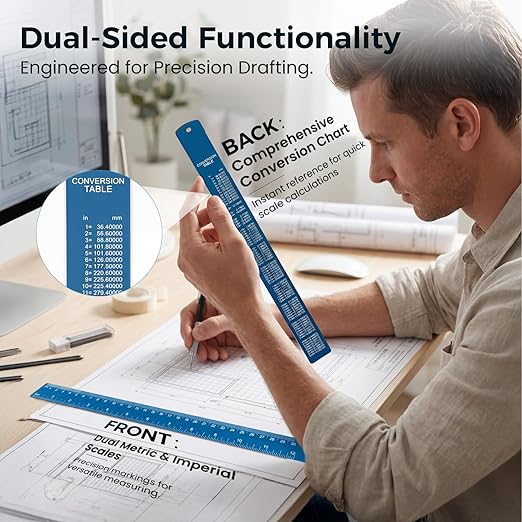 Rena Chris 2PCS Architectural Scale Ruler: 12" Imperial Aluminum Triangular Scale Ruler, Laser-Etched Architecture Ruler, Drafting & Architect Ruler for Architects, Students, Draftsman(Blue)