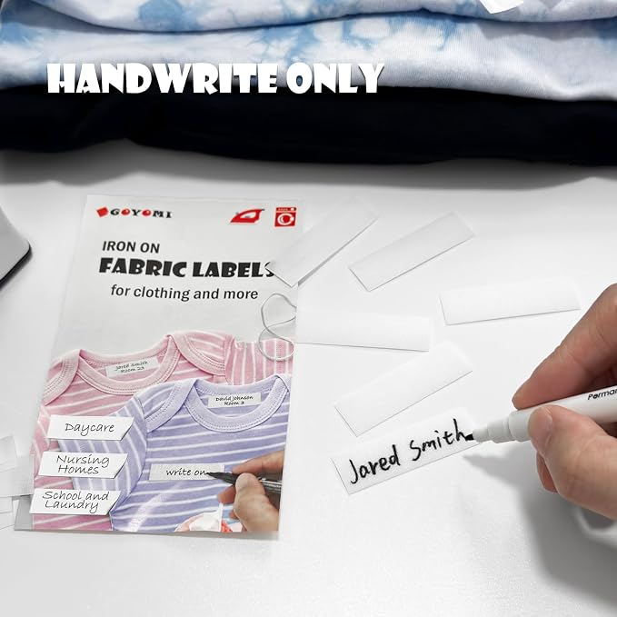 105 Pcs Writable Iron on Clothing Labels, Fabric Labels Name Tags for Daycare, Nursing Home, Camp, School, Laundry, Organizing, Washer & Dryer Safe, with 1 Permanent Fabric Marker, Size 0.6'' x 1.97''