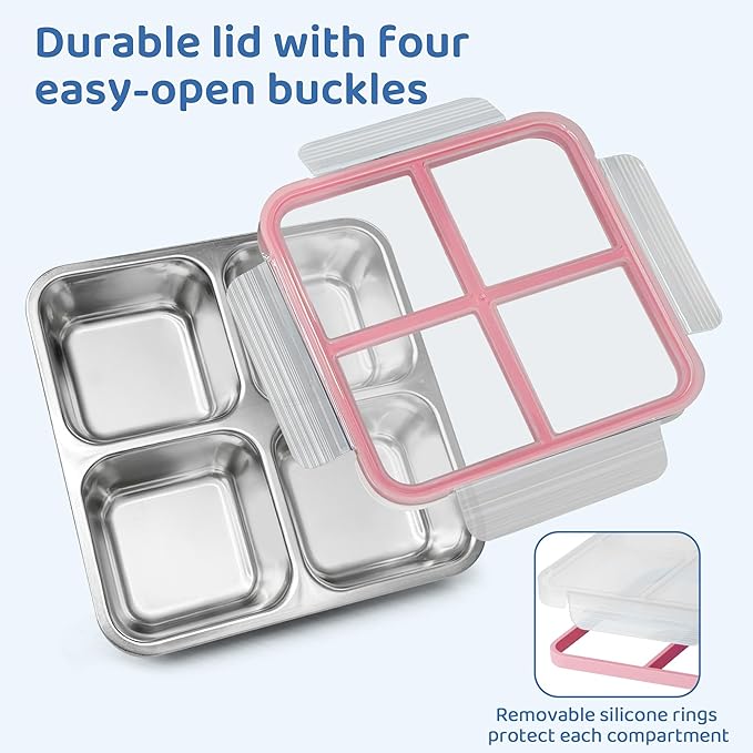 3 Pack Stainless Steel Reusable Snack Containers with Lids, 4 Compartment, Leakproof, 24.5 oz Food Storage & Meal Prep Containers, Bento Lunch Box for Adults,Men,Women(Pink)