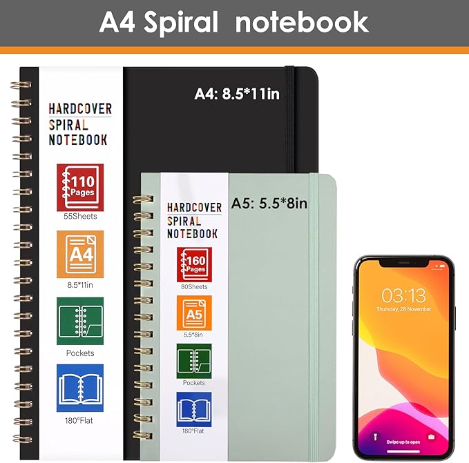 LABUK Spiral Notebook 8.5 x 11, A4 Large Notebooks for Women Men, 55 Sheets (110 Pages) College Ruled Hardcover Notebook for Work School Note Taking (Black)