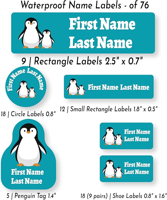 Personalized Kids Name Labels – Waterproof Custom Stickers for Daycare & School, Dishwasher & Laundry Safe (Deep Blue Penguin)