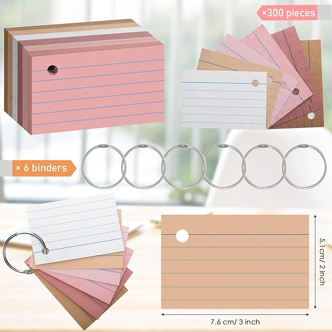 Epakh 300 Pieces Lined Index Cards 180 GSM Thick Flash Cards with Rings Notecards Punched Back to School for Studying Adults Home College Office(2 x 3 Inch,Yellow Series)