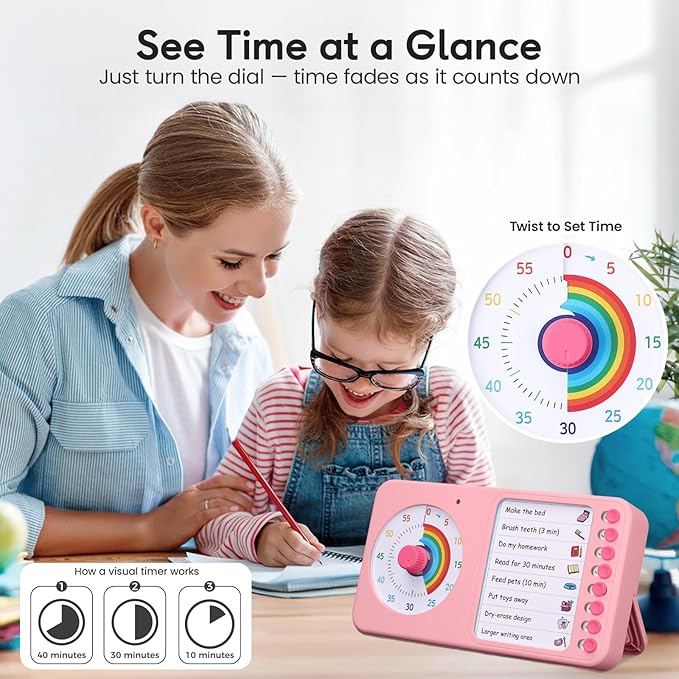 2-in-1 Visual Timer with Task Board for ADHD & Autism, Dry Erase Chore Chart and Visual Schedule for Kids & Adults, Rainbow Countdown Timer for Classroom, Home, Homeschool (Pink)