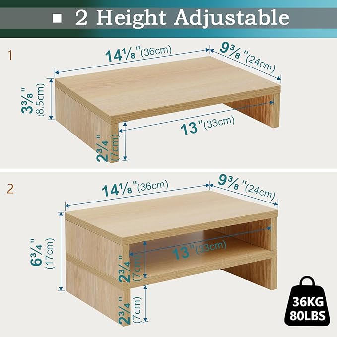 TEAMIX Wood Monitor Stand Riser - 2 Pack Adjustable Dual Monitor Riser for Laptop/PC