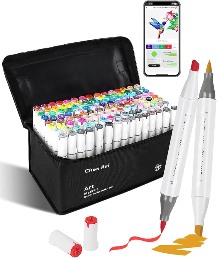 YHC 120 Colors Alcohol Markers Brush Tip with Free App, Chen Rui Series Chisel & Brush Tips Alcohol Brush Markers for Adults Coloring, Drawing, Painting, Illustration, Sketching