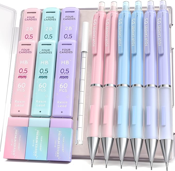 Four Candies Pastel Mechanical Pencil Set, 0.5mm Fine Point, Pack of 6 | 360 HB/2B Leads, 3 Erasers+9 Refills, Storage Case, Cute Pink/Purple/Blue Barrels, Rubber Grip, for Homework & Journal