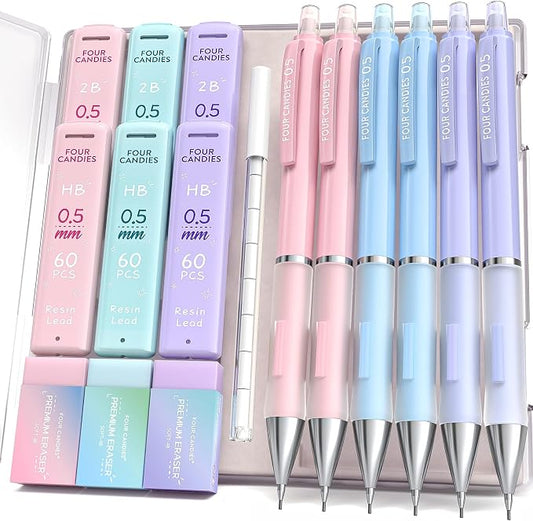 Four Candies Pastel Mechanical Pencil Set, 0.5mm Fine Point, Pack of 6 | 360 HB/2B Leads, 3 Erasers+9 Refills, Storage Case, Cute Pink/Purple/Blue Barrels, Rubber Grip, for Homework & Journal