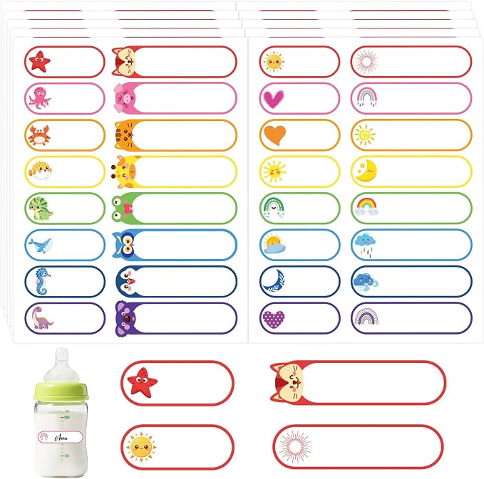 608PCS Daycare Labels, Bottle Name Labels for Kids (Animals+Weather) | Waterproof Labels for Bottles | Baby Name Label | Nursery and Preschool Essentials