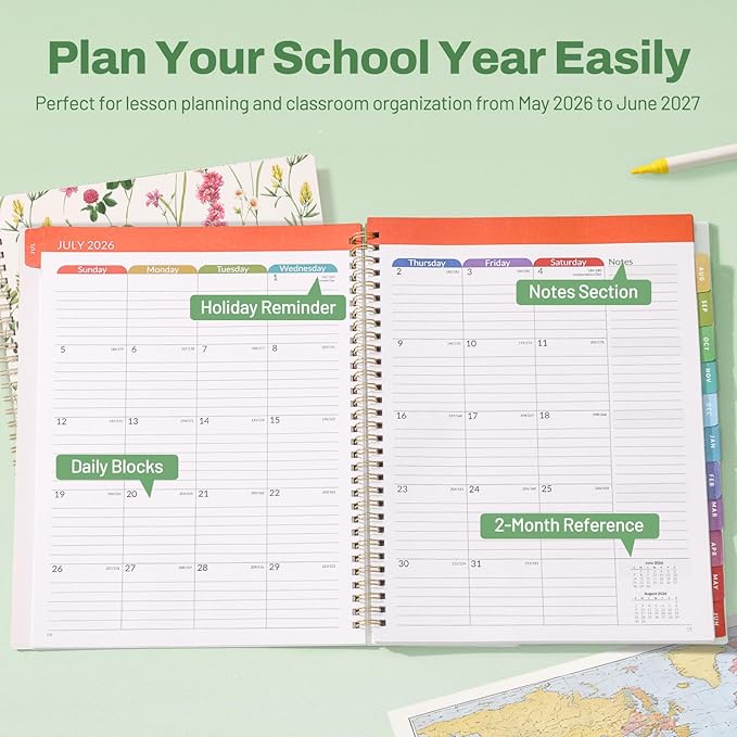 SUNEE Teacher Planner 2026-2027 Academic Year, 7 Periods Lesson Plan Book Jul 2026 - Jun 2027, 8.5"x11"Daily Weekly Monthly Organizers Horizontal Layout with Calendars, Bookmark, Tabs, Wildflowers
