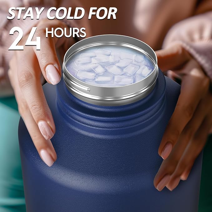 Navigate 64oz Insulated Water Bottle for Sports, Keep Cold 24H | 2-in-1 Spout and Handle Lids, Double Leak-Proof, 18/8 Stainless Steel, BPA-Free, Wide Mouth for Hiking,Blue to Black