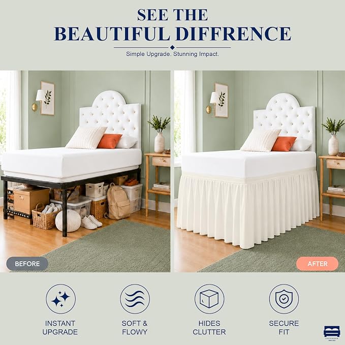 Cottingon Dorm Room Bed Skirt, 100% Microfiber, Ivory, Twin XL-32 Drop