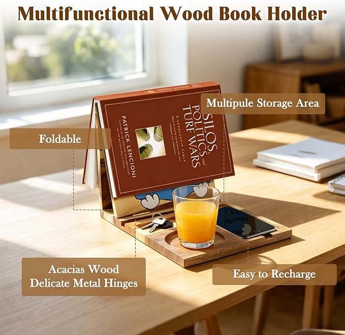 Wooden Foldable Book Holder Stand for Reading Rest,Acacia Triangle Book Holer with Cup,Glasses,Pen,Watch & Phone Stand,Book Rest,Book Nook Reading Valet for Readers and Bookworms Gifts