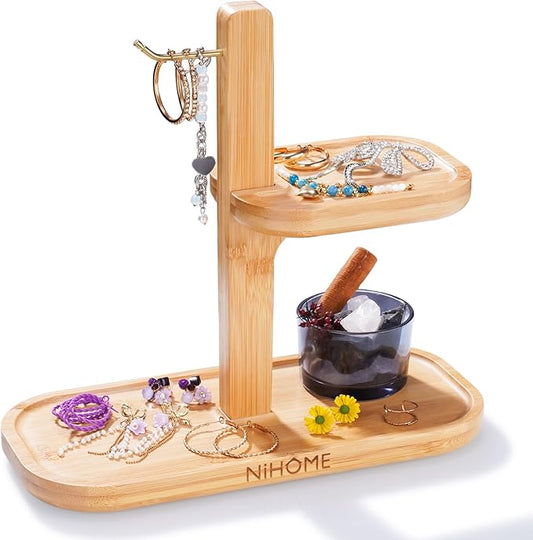 NiHome Bamboo Jewelry Organizer Stand with Hook & Trays, Wooden Display Rack for Necklaces, Earrings, Bracelets and Rings, Minimalist Jewelry Holder for Vanity or Desk, Durable and Tangle-Free Storage