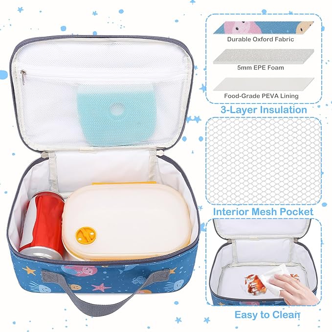 FlowFly Kids Lunch box Insulated Soft Bag Mini Cooler Back to School Thermal Meal Tote Kit for Girls, Boys, Mermaid