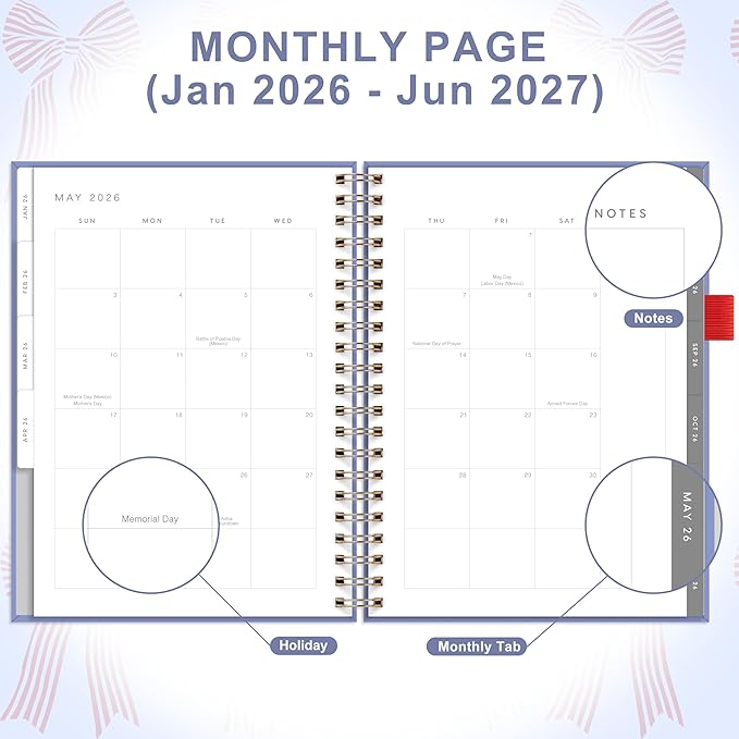 And Per Se 2026 Planner, A4 Size-Daily, Weekly & 18-Monthly Planner, Daily Schedule, Monthly Tabs, 100 GSM Thick Paper(Bowknot Pattern)