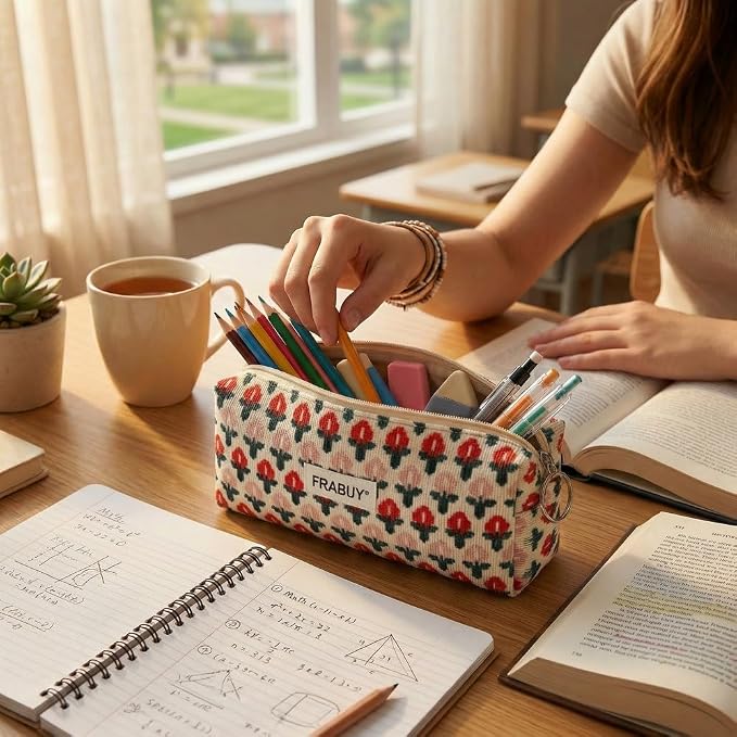 Soft Corduroy Pencil Case Pen Pouch Organizer, Small Stationery Bag | Cute little red flower pencil pouch, smooth zipper, daily cosmetics holder, compact organizer for school teen girls, women