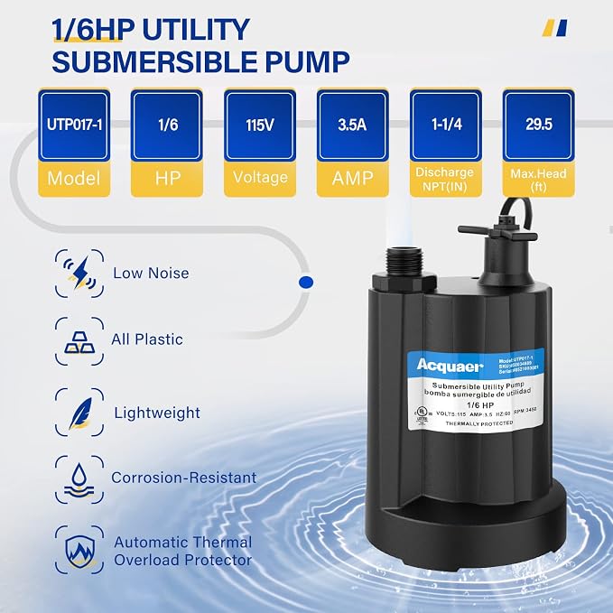 Submersible Water Pump 1/6 HP Sump Pump Thermoplastic Utility Pump Small Electric Water Pump 1750GPH Water Remove for Basement Hot Tubs Garden Pool Cover Draining with 10 ft Cord | Thermoplastic Utility Pump Electric Water Pump Water Remove for Basemen...