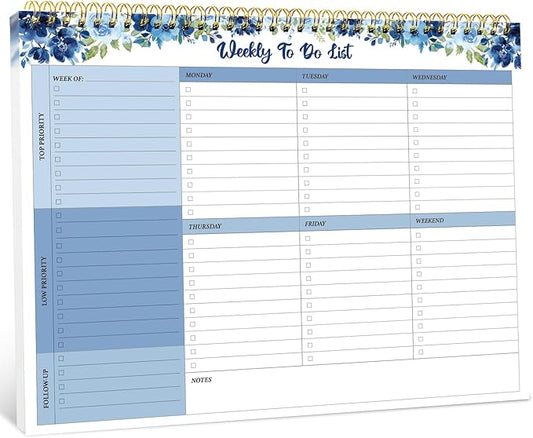Taja Weekly To Do List Notepad with 52 Undated Sheets（8.5"×11"）- Weekly Desk Planner for Women & Man, Work and Home - 1 Pack Azure Bloom