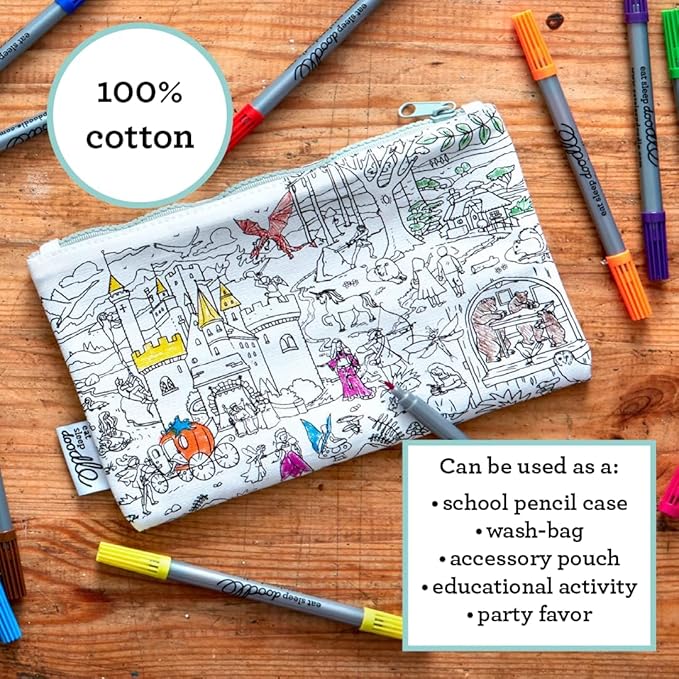 eatsleepdoodle DIY Coloring Fairy Tale Pencil Case for Kids with 10pcs Washable Markers, Reusable Art Supply Organizer, Fun Arts & Crafts Activity for Boys & Girls, Creative Gift Idea for Ages
