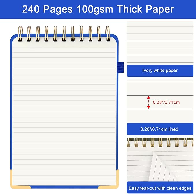 Mousbull Top Spiral Notebook, A5 Hardcover Top Bound Steno Pads, 240 Pages 100gsm College Ruled Left Handed Notebook Journal for Work, School, Meeting Writing - Navy Blue, 5.9" x 8.5"