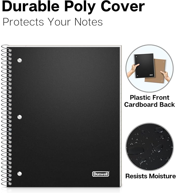 Dunwell 1 Subject Notebook, Plastic Cover, 80 Sheets, Spiral Notebook, Wide Ruled 8x10.5 Paper, 3-Hole Punched Tear-Off Pages, Divider with Pockets