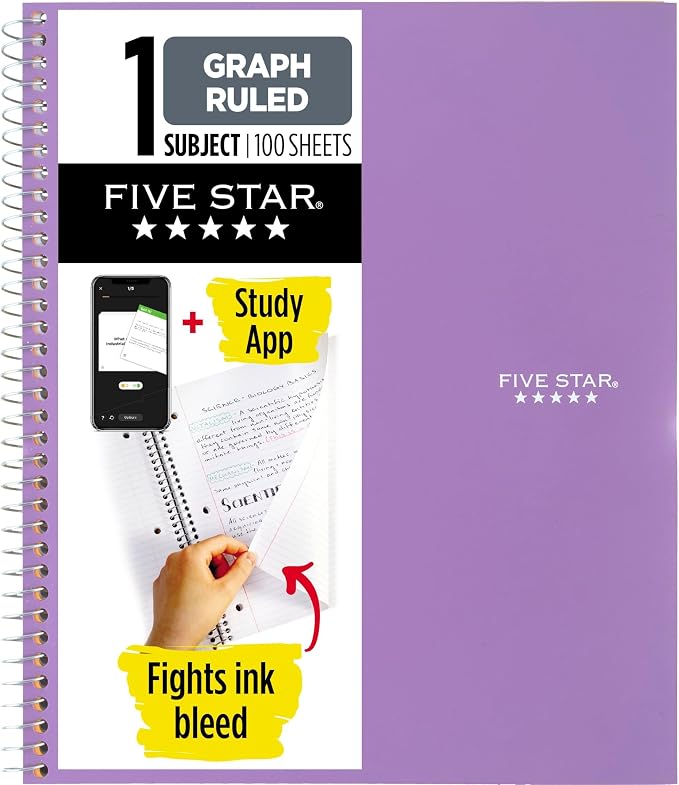 Five Star Spiral Notebook + Study App, 1 Subject, Graph Ruled Paper, 8-1/2" x 11", 100 Sheets, Fights Ink Bleed, Water Resistant Cover, Amethyst Purple (620000CF1) (Pack of 12)