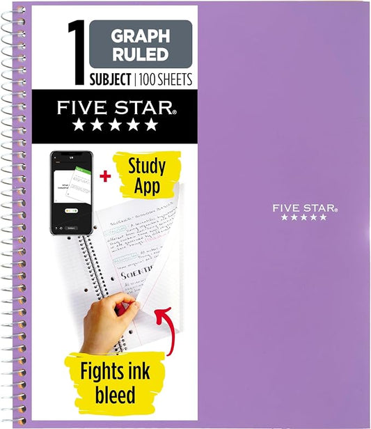 Five Star Spiral Notebook + Study App, 1 Subject, Graph Ruled Paper, 8-1/2" x 11", 100 Sheets, Fights Ink Bleed, Water Resistant Cover, Amethyst Purple (620000CF1) (Pack of 12)