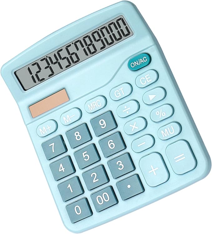Fdit Solar Calculator, 12 Digit Portable Desktop Calculator with Solar Power and Light Textured Keys, for Students Teachers and Office Workers (Blue)