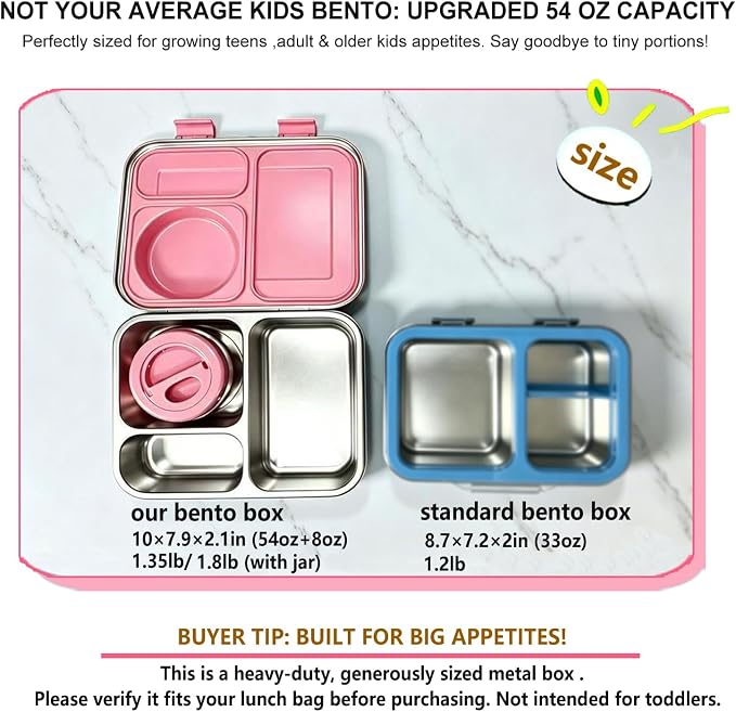 Stainless Steel Bento Lunch Box-8+ Older Kids，Teens ＆ Adult with Insulated Food Jar,Leakproof 3-Compartment,BPA-Free, Eco-Friendly,Dishwasher Safe, Large-Capacity Box, School,Office,Travel （Pink)