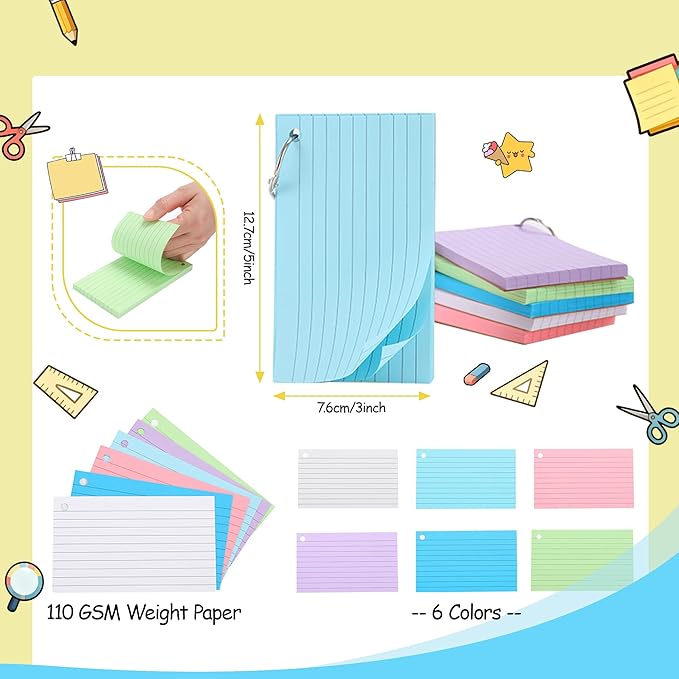 300 Sheets Ruled Index Book with Metal Ring Binder, Multicolor, 6 Pack